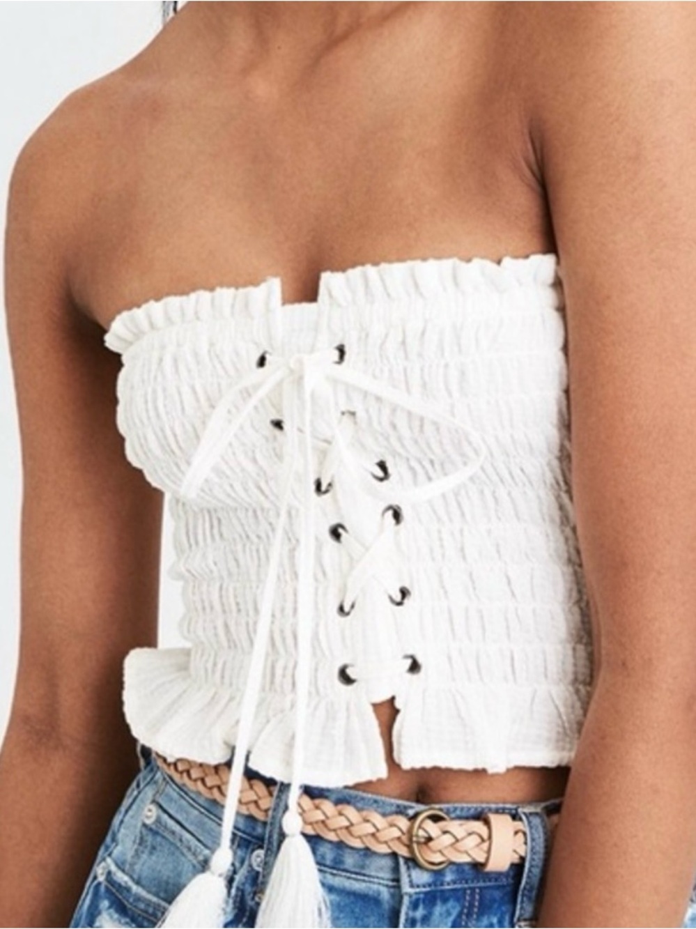 American Eagle Outfitters White Strapless Smocked Lace-Up Crop Top